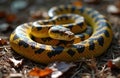 Yellow python snake coiled on forest floor. Reptile displays striking black pattern. Close up shows detailed scales and head. Royalty Free Stock Photo