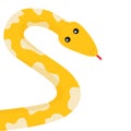 Yellow python snake red tongue. Golden crawling serpent with spot. Cute cartoon character. Flat design. White background. Isolated