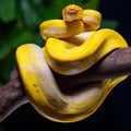 Yellow python wrapped around a branch.