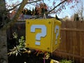 yellow question mark block pinata hanging from tree Royalty Free Stock Photo
