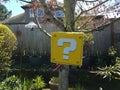 yellow question mark block pinata hanging from tree Royalty Free Stock Photo