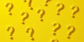 Yellow question marks on yellow background represent uncertainty, confusion. Design suggests need for solutions, answers. Graphic