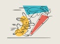 Yellow rabbit chasing a giant carrot, one line vector