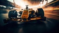 A yellow race car driving down a track. AI generative image.