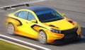 Yellow race car racing on speed track Royalty Free Stock Photo