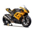 Yellow racing motorbike fixed on mount isolated on white created with Generative AI