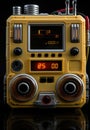 A yellow radio with a clock on it, AI