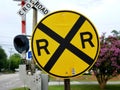 Yellow rail road crossing sign Royalty Free Stock Photo