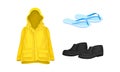 Yellow Raincoat with Hood and Overshoes as Waterproof Protective Wear for Rainy Weather Vector Set