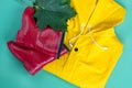 a yellow raincoat and red rubber boots. Royalty Free Stock Photo