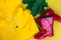 a yellow raincoat and red rubber boots. Royalty Free Stock Photo