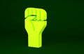 Yellow Raised hand with clenched fist icon isolated on green background. Protester raised fist at a political