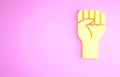 Yellow Raised hand with clenched fist icon isolated on pink background. Protester raised fist at a political