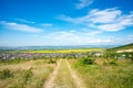 Yellow rapeseed flower field and blue sky, Anapa, southern Russia Royalty Free Stock Photo