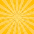 Yellow Rays Background With Halftone Effect. Shine Sunburst For Comic Book. Pop Art Banner With Dots. Summer Wallpaper In Retro