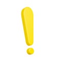 Yellow exclamation mark, caution icon, front view is slightly tilted to the side, 3d rendering, illustration