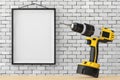 Yellow Rechargeable and Cordless Drill in front of Brick Wall wi