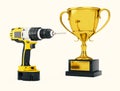 Yellow Rechargeable and Cordless Drill with Golden Trophy. 3d Re