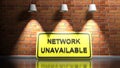 Yellow sign NETWORK UNAVAILABLE, leaning at a red bricks illuminated wall - 3D rendering illustration