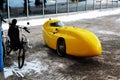 Yellow recumbent parked at the office Royalty Free Stock Photo