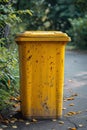 A yellow recycling container is on the street