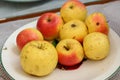 Yellow and red apples on white plate. Autumn time.