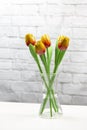 Yellow red artificial tulips in a transparent vase on a light background. Artificial wooden flowers, bouquet Royalty Free Stock Photo