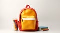 Yellow red backpack, stack of books, notebooks, colored pencils, pens on white background, back to school concept, copy space Royalty Free Stock Photo