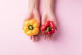 Yellow and red bell pepper holding by hand Royalty Free Stock Photo