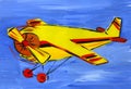 Yellow with red and black stripes retro toy plane in the blue sky. Hand-drawn illustration with gouache Royalty Free Stock Photo