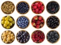 Yellow, red, blue and black food. Berries isolated on white. Collage of different colors fruits and berries on a white background. Royalty Free Stock Photo