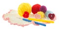 Yellow, red, blue, grey ball of yarn, crochet red, pink hearts o