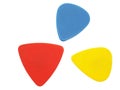 Yellow, red and blue guitar pick, isolated on white. Royalty Free Stock Photo