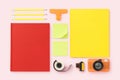 Yellow and red book cover mockup with stationary flat lay Royalty Free Stock Photo