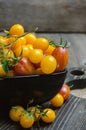 Yellow and red cherry tomatoes in black bowl. Royalty Free Stock Photo