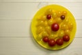 Yellow and red cherry tomatoes on yellow plate wooden background. Organic food. Funny tomato smile