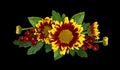 Yellow and red chrysanthemum flowers with red berries in a line arrangement Royalty Free Stock Photo