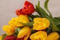 Yellow red flowers tulips fresh bouquet with green leaves and stem with wet drops of fresh water dew close up Royalty Free Stock Photo