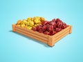 Yellow and red fresh peppers on wooden pallet left view 3d render on blue background with shadow Royalty Free Stock Photo