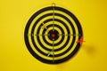 Yellow, red and green arrows darts hitting the target dartboard