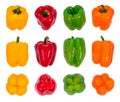 Yellow, red, green and orange bell peppers arranged in rows with water drops, front, side and back view. Organic fresh vegetables Royalty Free Stock Photo