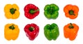 Yellow, red, green and orange sweet bell peppers arranged in rows, front and back view. Organic fresh vegetables with water drops Royalty Free Stock Photo