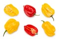 Yellow and red habanero chili hot peppers isolated on white background. clipping path. top view Royalty Free Stock Photo
