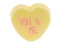 Yellow with red letters - Valentine tiny conversation sugar heart - you & me - macro extreme detail for Valentine`s Day