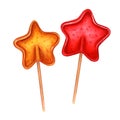 Yellow and red lollipops in the shape of star. Candies, bonbons, sugar caramels on stick. Watercolor illustration isolated on