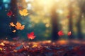 Yellow and red maple leaves falling from a tree in autumn park. Generative AI illustration with copy space Royalty Free Stock Photo