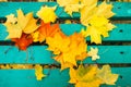 Yellow and red maple leaves on turquoise painted old wooden bench in public park. Royalty Free Stock Photo