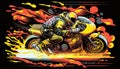 yellow red motorcycle accelerates fast and drags on black background generative AI