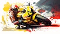 yellow red motorcycle accelerates fast and drags on white background generative AI