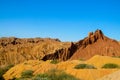 Yellow and red mountain rock formation valley fairy tale canyon in Kirgyzstan Royalty Free Stock Photo